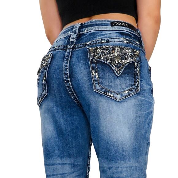 Y2k Vigoss Embellished Studded Straight Leg Jeans with Beaded Pocket Detail 30" - Picture 2 of 11